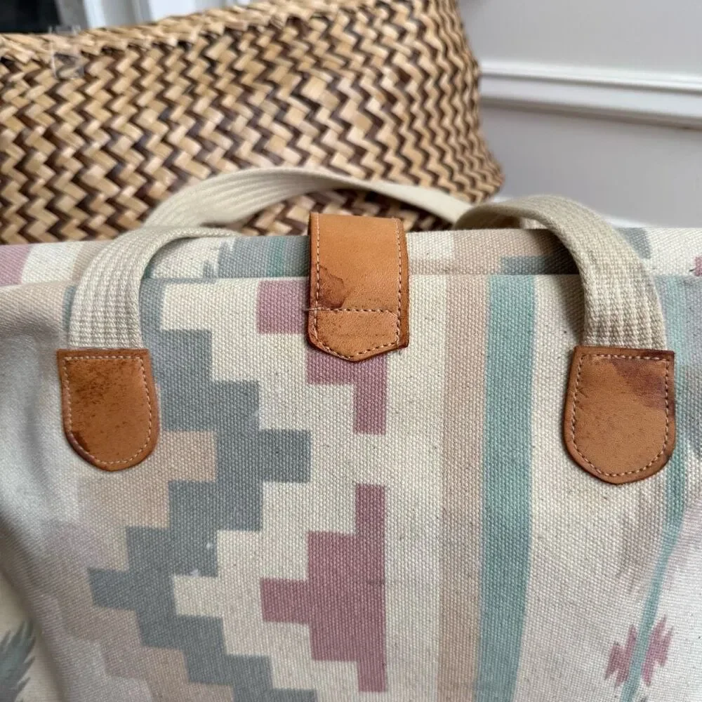 Vintage 90s Southwestern Pattern Canvas Satchel Clamshell Small Tote Mauve Teal